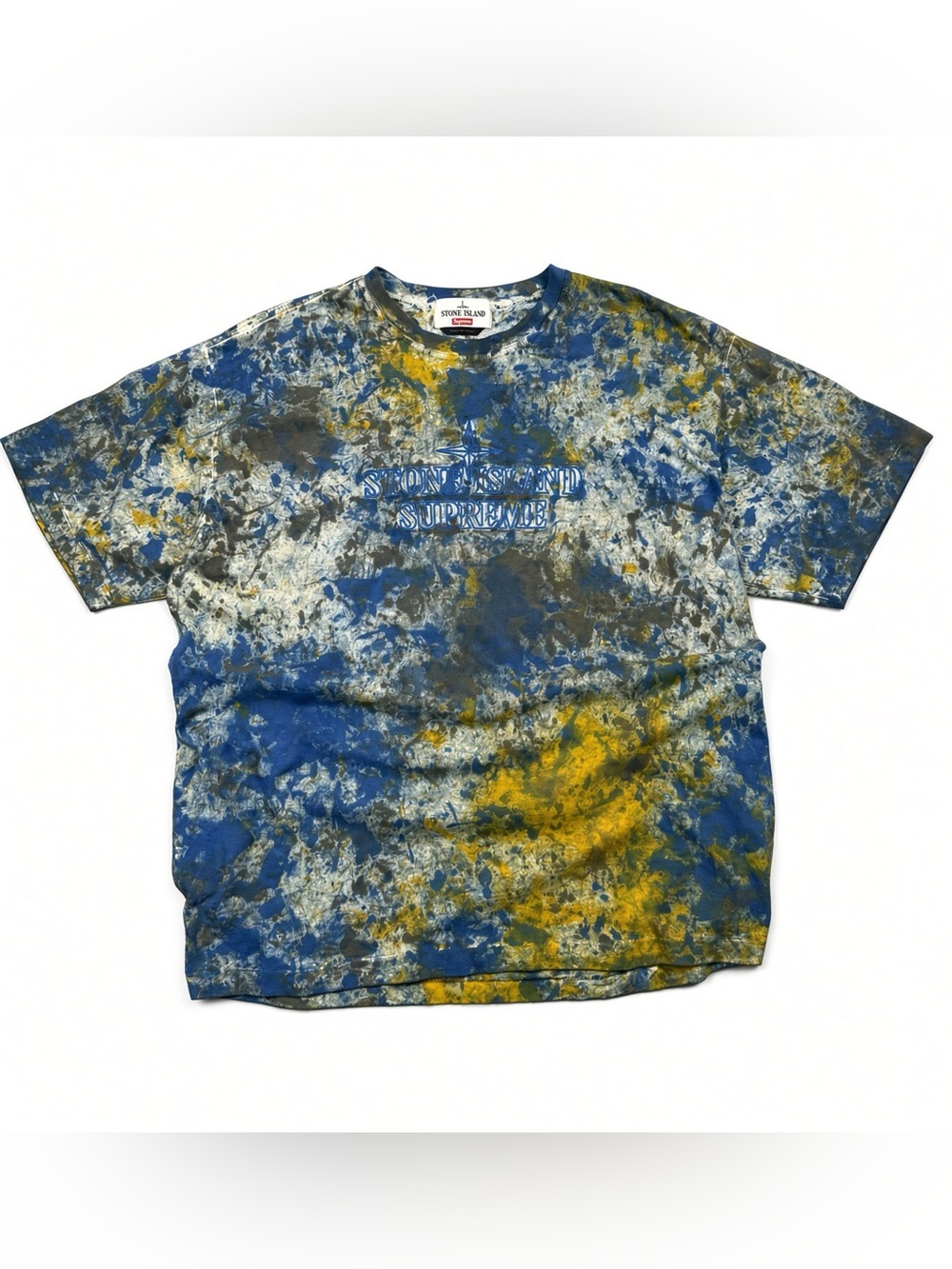 Supreme x Stone Island Paint Splatter Tee Blue Yellow Made in Italy